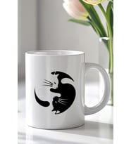 Siyah Beyaz Kedi Desenli 330ml Baskılı Beyaz Seramik Kupa Bardak