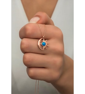 925 Ayar Gümüş Rose Kaplama Opal Taşlı Ay ve Güneş Kolye