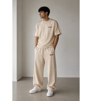 Erkek Siyah Beyaz Şerit Detaylı Baggy Tişört Eşofman Takımı
