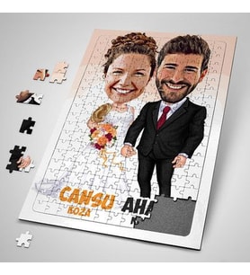 Sevgiliye Hediye Kişiye Özel Evlendik Mutluyuz  Karikatürlü Puzzle