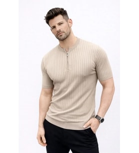 Erkek Kısa Kol Fitilli Triko T-Shirt Yazlık Hakim Yaka Tişört - Bej