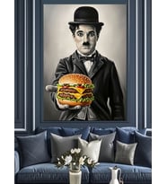 Hamburger Tutan Charlie Chaplin Dekoratif Kanvas - Mdf Ahşap Tablo