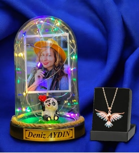 Kişiye Özel Renkli Led Işıklı Fanus ve Renkli Zümrüdü Anka Kuşu Kolyesi (Model 8)