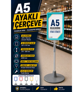 A5 Ayaklı Menü ve Fiyat Bilgi Standı Yuvarlak Tabanlı Teleskopik Çerçeve Etiketlik Turkuaz