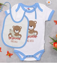 BK Kids Kişiye Özel Sevimli Ayı Tasarımlı Mavi Bebek Body Zıbın ve Mama Önlüğü Hediye Seti