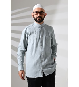 Erkek Hakim Yaka Uzun Kollu Düğmeli Müslin Gömlek Mavi
