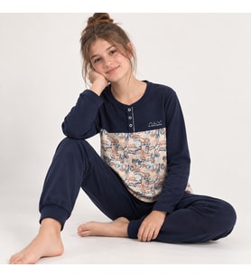 Genç Kız Pamuklu Yakası Düğmeli Cepli Hediyelik Lacivert Renk Alt Üst Pijama Takımı AL501 V2 BB2443