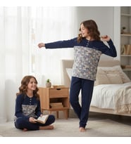 Genç Kız Pamuklu Lacivert - Desenli Renk Pijama Takımı AL501 V2 BB2443