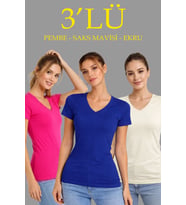 Kadın 3'lü V Yaka Tişört – Kısa Kollu Yazlık Slim Fit Body - Pembe, Saks Mavi, Ekru (Çok Renkli)