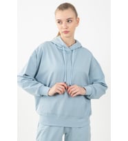 Maraton Sportswear Oversize Kadın Kapşonlu  Uzun Kol Basic Sisli Mavi Sweatshirt 22149