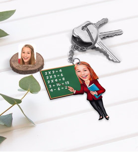 BK Gift Kişiye Özel Kadın İlköğretim Matematik Öğretmeni Karikatürlü Ahşap Anahtarlık-1 (Beyaz)