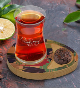 BK Gift Kişiye Özel Modern Art Tasarımlı Doğal Ahşap Tabaklı Heybeli Çay Bardağı Sunum Seti Model 11