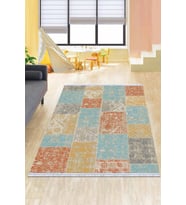 Mavi Patchwork Dokuma Pamuk Taban Kaymaz Kilim KLM068