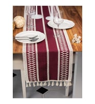 Örme Mürdüm Runner , Püsküllü Organik Pamuk Dantel Örme Runner 35x155 Cm Regina Runner Masa Örtüsü (Bordo)