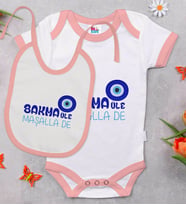 BK Kids Maşalla De Tasarımlı Pembe Bebek Body Zıbın ve Mama Önlüğü Hediye Seti-1