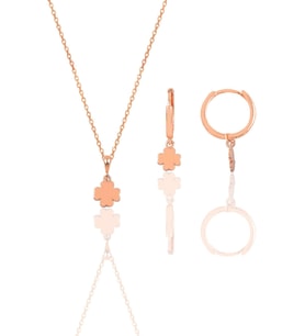 Gümüş rose üç boyutlu minimal yonca modeli kolye ve küpe seti SGTL12392YONCA