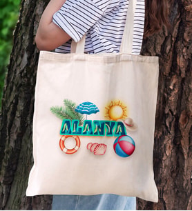 BK Gift Alanya Temalı Kanvas Bez Plaj Çantası Baskılı Omuz Çantası, Alışveriş Çantası, Arkadaşa Hediye