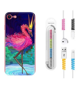 Apple iPhone 5 6 7 8 Plus Se XR Kılıf Kablo Koruma Spiral Silikon Queen Flamingo 1748
