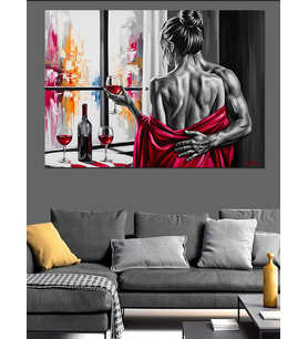 Pencere Önünde Aşık Çift Ve Kırmızı Şarap Modern Sanat  Dekoratif Kanvas - Mdf Ahşap Tablo