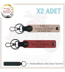 Motosiklet Severlere İsim Plaka ve 0 Rh (-) Kan Grubu x2' li Anahtarlık, Nar Çiçeği-Yavruağzı-Laci (Çok Renkli)