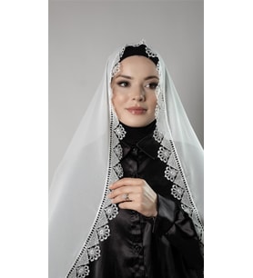 Krem Namaz Başörtüsü Şal Şifon Kumaş Güpürlü 202106_40