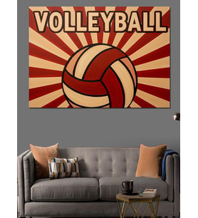 Vintage Voleybol Topu Çizimi Kırmızı Ve Beyaz Çalışma Dekoratif Kanvas - Mdf Ahşap Tablo