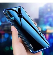 Huawei P40 Lite E Köşeleri Renkli Kamera Korumalı Şeffaf Kılıf (Mavi)