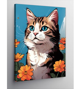 Kanvas Tablo Çiçekler Ve Kedi
