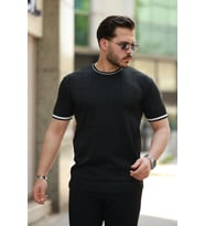 Erkek Bisiklet Yaka çizgi Desenli Ribanalı Kısa Kollu Tshirt