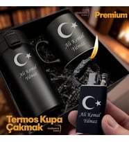 İsme Özel Ay Yıldız Bayrak Figürlü Çelik Termos Bardak Çakmak Kupa Lüks Hediye Seti