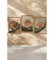 Retro Güneş ve Doğa 3 Parçalı Ahşap Çerçeveli Tablo Seti