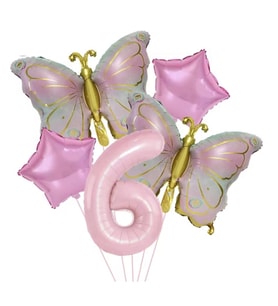 Gold Kelebekli Pembe 6 Yaş Rakam Balon Set