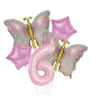 Gold Kelebekli Pembe 6 Yaş Rakam Balon Set