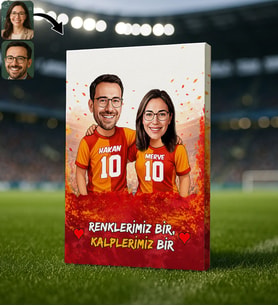BK Gift Kişiye Özel İsimli Sarı-Kırmızı Sevgili Karikatürlü Kanvas Tablo - Ev Hediyesi, Doğum Günü Hediyesi, Taraftar Hediyesi