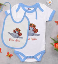 BK Kids Kişiye Özel Sevimli Pilot Tasarımlı Mavi Bebek Body Zıbın ve Mama Önlüğü Hediye Seti