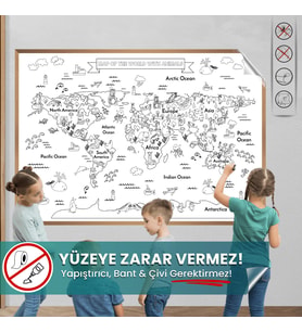 Hayvanlı Harita Boyama, Yüzeye Zarar Vermeyen Sihirli Kağıt, Eğlenceli Çocuk ve Oyun Odası Sticker