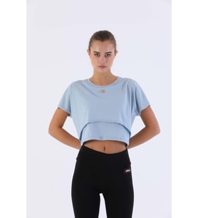 Maraton Comfort Kadın Bisiklet Yaka  Sisli Mavi Crop Top