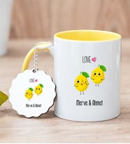 Kişiye Özel Sevimli Limonlar Sarı Kupa Bardak ve Anahtarlık