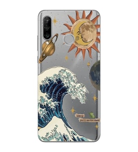 Huawei P30 Lite Uyumlu Güneş ve Dalga Desenli Şeffaf Telefon Kılıfı