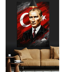 Türk Bayrağı Önünde Atatürk Dekoratif Kanvas - Mdf Ahşap Tablo