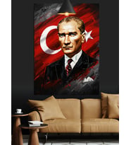 Türk Bayrağı Önünde Atatürk Dekoratif Kanvas - Mdf Ahşap Tablo