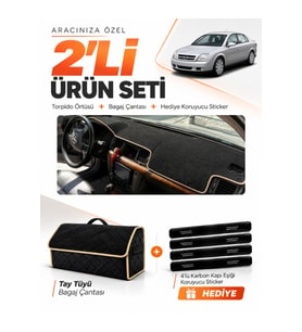 OPEL VECTRA C (2002-2008) Uyumlu Torpido Örtüsü + Tay Tüyü Bagaj Çantası + Sticker Seti - Siyah Bej