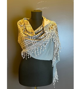 KARELİ ÇİFT RENKLİ GÜPÜR PÜSKÜLLÜ KADIN FULAR ŞAL 170X45 CM (Gri)