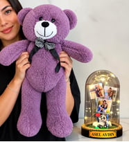 Kişiye Özel 3 Fotoğraflı Yazılı LED Işıklı Fanus ve Büyük Mor Peluş Ayıcık (pandalı)
