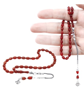 Ateş Kehribar Tesbih - 925 Ayar Gümüş Püsküllü - Mini Boy - Arpa Kesim - Kırmızı Beyaz Renk