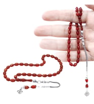 Ateş Kehribar Tesbih - 925 Ayar Gümüş Püsküllü - Mini Boy - Arpa Kesim - Kırmızı Beyaz Renk