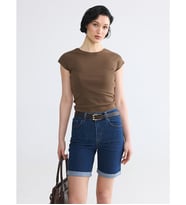 LCW Vision Kahverengi Bisiklet Yaka Kadın Crop