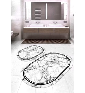 Dijital Baskılı Kaymaz Taban Yıkanabilir Oval 2'li Klozet Takımı Banyo Paspası NOKZ-HT-794 (Beyaz)