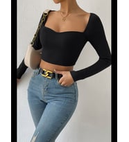 Fantezia Night Kadın Siyah Uzun Kol Göğüs Dekolteli Şık Crop Top Bluz
