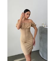 Kadın Elbise Mini Yazlık Kısa Kollu Yaka Detaylı Esnek Bodycon Elbise (Bej)